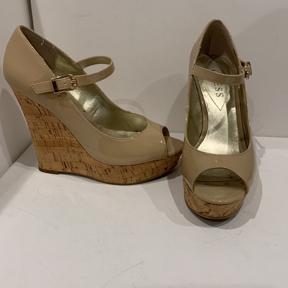 GUESS Nude Tan Platform Wedge Heel Patent Peep Toe Cork Sandal Ankle Strap - Picture 7 of 16